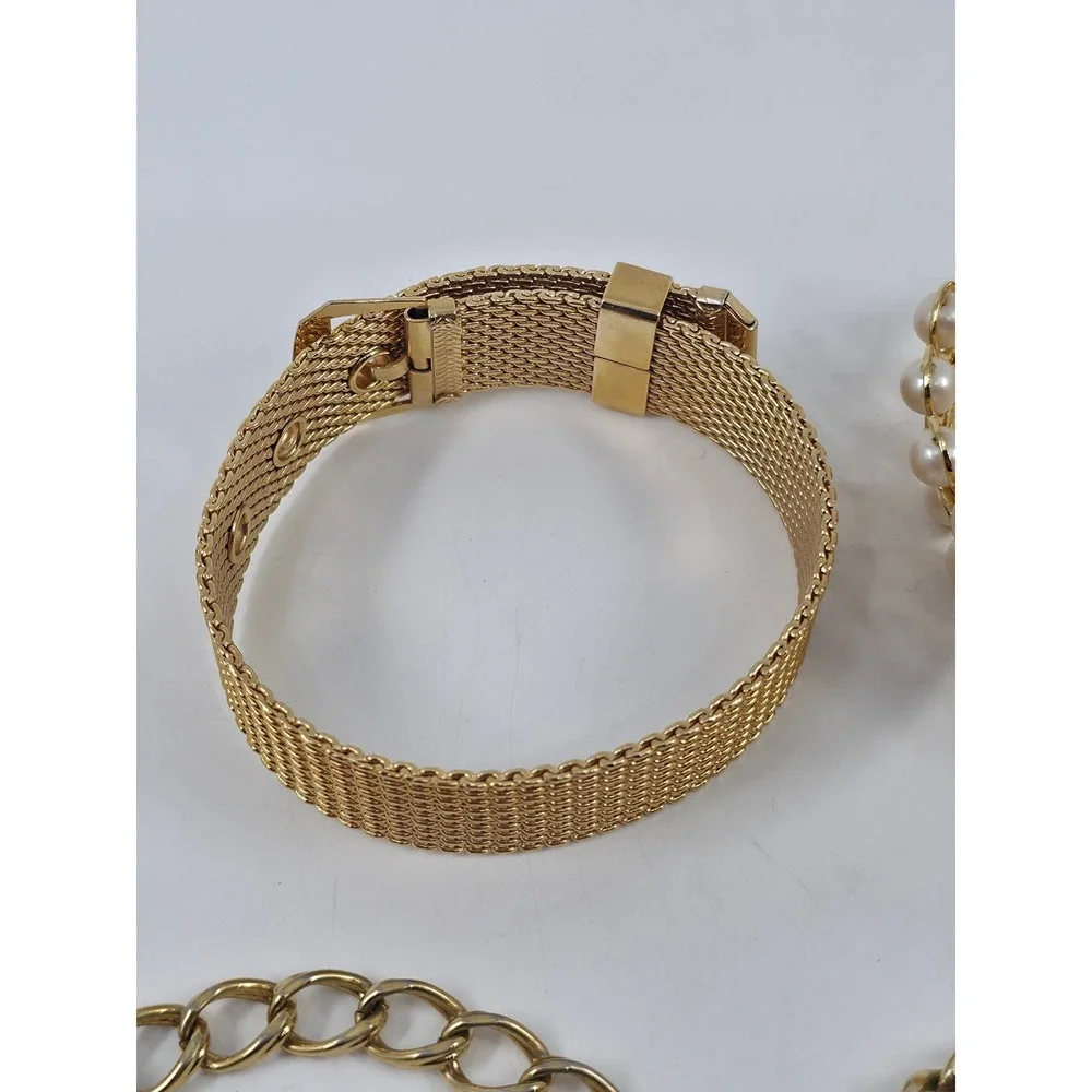 Lot of 7 Gold Tone Bracelets Mesh‎ Buckle Faux Pearl Rose Floral Enamel Bangle